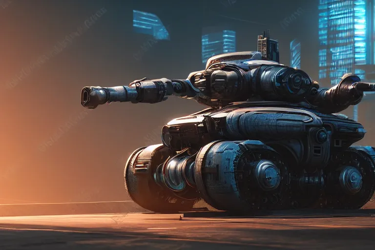 Image similar to cyberpunk robotic concept inspired tank, futuristic look, highly detailed body, very powerful, photorealistic camera shot, bright studio setting, studio lighting, crisp quality and light reflections, unreal engine 5 quality render