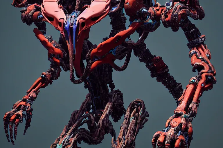 Image similar to portrait of a posed hyper detailed complex, plowhorn evangelion realistic mechanical and fleshy organic creature similar look as horizon forbidden west horizon zero dawn bioluminiscence in a dark deep forest at dawn in spring, with reflection and textures, by kilian eng, substance painter reaslitic mech surface metal painted scratches