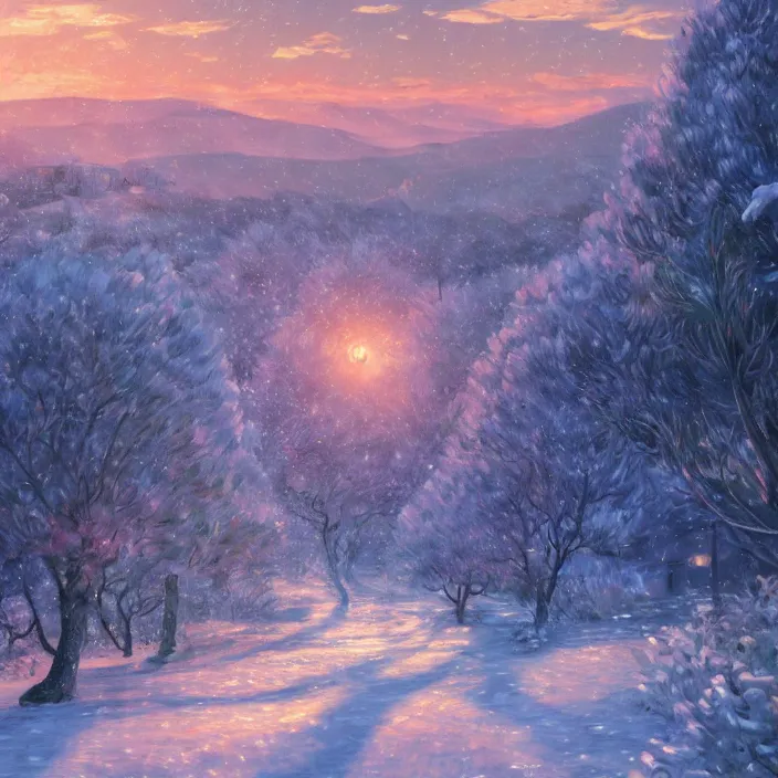 Prompt: an epic makoto shinkai and renoir landscape with a snowy fantasy landscape, candycanes, candy land, golden hour, 🌺, ultra smooth, lois van baarle, ilya kuvshinov, unreal engine, blender, trending on artstation, suntur, caleb worcester, highly detailed, photorealism, bloom effect 8 k