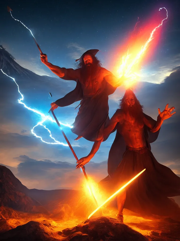 Prompt: levitating wizard wielding a spear, opening a shining portal, night sky, horizon of an erupting volcano, 4 k, ultra realistic, detailed, epic lighting, high detail, masterpiece, trending on artstation