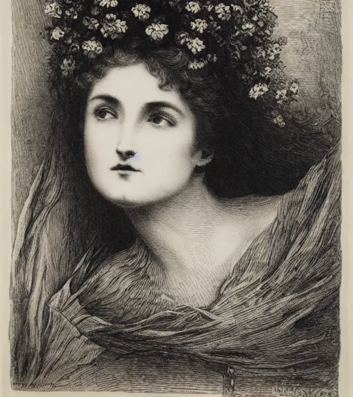 Image similar to black and white, close-up woman eyes in flowers, Gustave Dore lithography