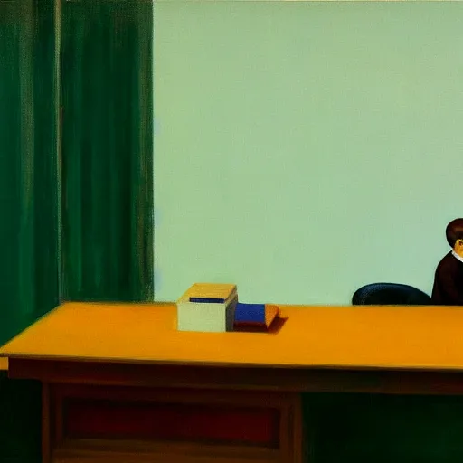 Image similar to painting of a lone man, sitting at his desk in an empty, huge office, in the style of edward hopper