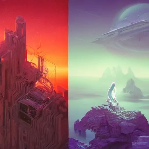 Image similar to a fantastic hyperdetailed 3 d matte painting of a female - cybernetic sorceress under the arctic moonlight, by moebius by beeple by vanessa lemen by paul lehr by dan mumford