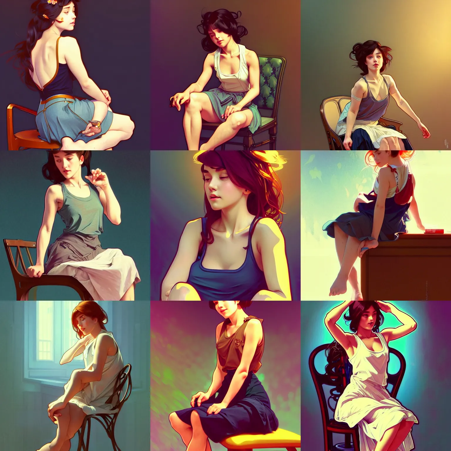 Prompt: girl sitting on a chair, hands in her hair, wearing a low cut tanktop and short skirt. highly detailed, digital painting, artstation, concept art, smooth, sharp focus, illustration, art by artgerm and alphonse mucha, high definition digital art, in the style of Ross tran and ilya kuvshinov