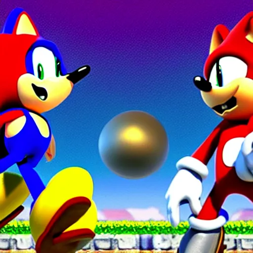 Image similar to film still of sonic the hedgehog and super mario fighting to tye death