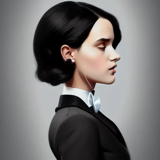 Image similar to young female in black tuxedo, muted colors, matte print, pastel colors, 2d, ultra highly detailed, smooth, sharp focus, digital art, digital painting, fan art, elegant, artstation, head is centered, by Ilya Kuvshinov