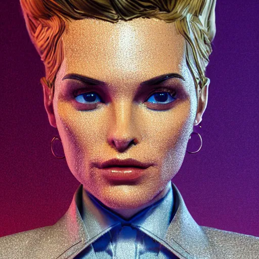 Image similar to stylish woman cartoon portrait made out of rain, pinstripe suit, short blond hair, galactic background, rendered in octane, unreal engine, highly detailed, trending on artstation, realistic, neon, beautiful