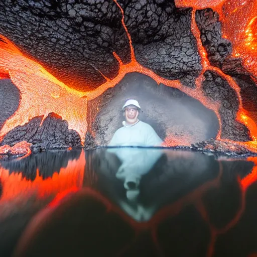 Image similar to head of necoark emerges from a lava lake, cave background, high detail, lava reflections, cave reflecting in the lava lake, dramatic shot