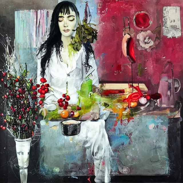 Prompt: “ a portrait in a female art student ’ s apartment, a berry and a big diamond, skyscraper, pork, art supplies, paint tubes, palette knife, pigs, ikebana, herbs, a candle dripping white wax, squashed berries, acrylic and spray paint and oilstick on canvas, surrealism, neoexpressionism ”