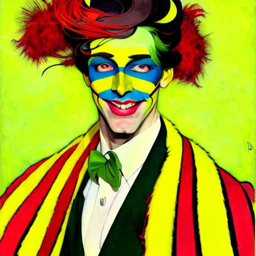 Image similar to art by joshua middleton, the yellow creeper, a tall manically smiling yellow - skinned man with green and black striped cycling shorts and wearing a long red feather boa, yellow makeup, mucha, kandinsky, poster, comic art, stylised design, red feather boa