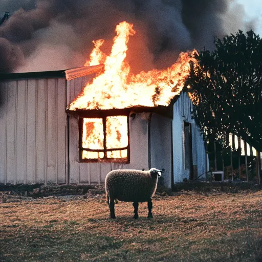 Prompt: a sheep in front of a burning house, cinestill 800t 15mm