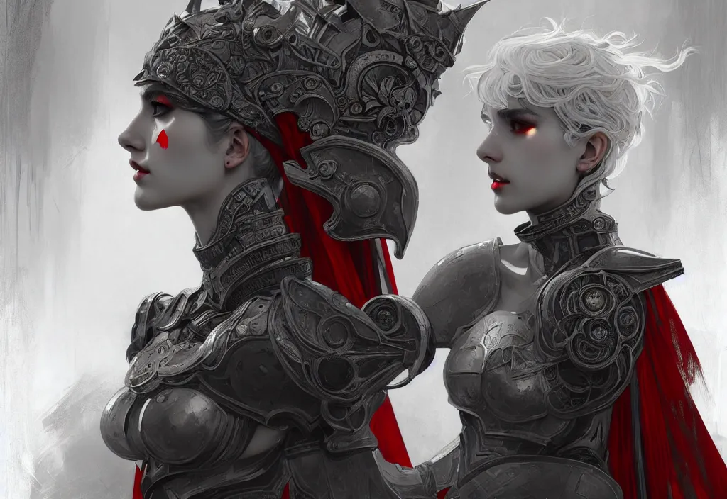 Image similar to portrait grey hair knights of zodiac girl + smoky eyes, matt black / little red color armor in ruined agora of athens, ssci - fi and fantasy, intricate and beautiful and elegant, highly detailed, digital painting, artstation, concept art, smooth and sharp focus, illustration, art by tian zi and wlop and alphonse mucha