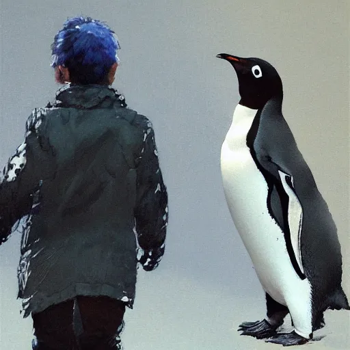 Image similar to a highly detailed beautiful portrait of a beautiful penguin crossing the road by yoji shinkawa, by gregory manchess, james gurney, james jean