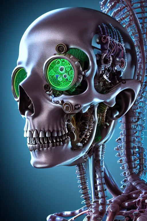 Prompt: 3D render of a STEAMpunk cyborg with translucent skull filled with a fractal of liquid mercury switches, neon eyeballs, titanium skeleton, anatomical, latex flesh and facial muscles, neon wires, microchips, electronics, veins, arteries, glowing, highly detailed, octane render, global lighting by H.R. Giger and Johanna Martine and Jeffrey Smith, 8K HDR