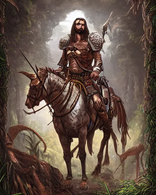 Image similar to ultrarealistic illustration of conquistador, symmetrical, by daniel zrom and nicola saviori, jungle background, detailed