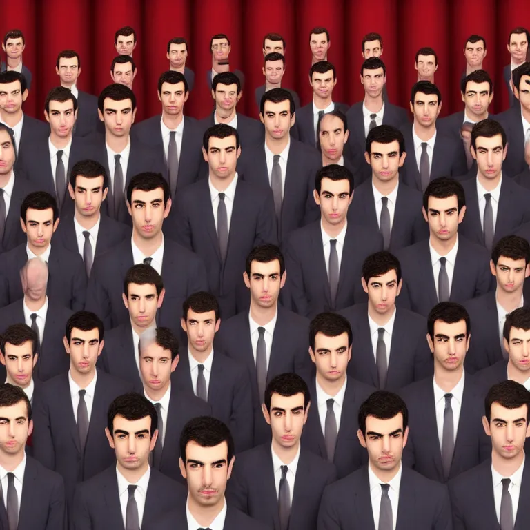 Image similar to focused dslr medium shot photograph of nathan fielder standing in front of dozens of nathan fielder clones on puppet strings from nathan for you on comedy central on a stage with a red curtain, meta, fractal, trippy, high detail!!! 8 k!!!!, photorealism!!!, sharp focus!!! coherent!!!