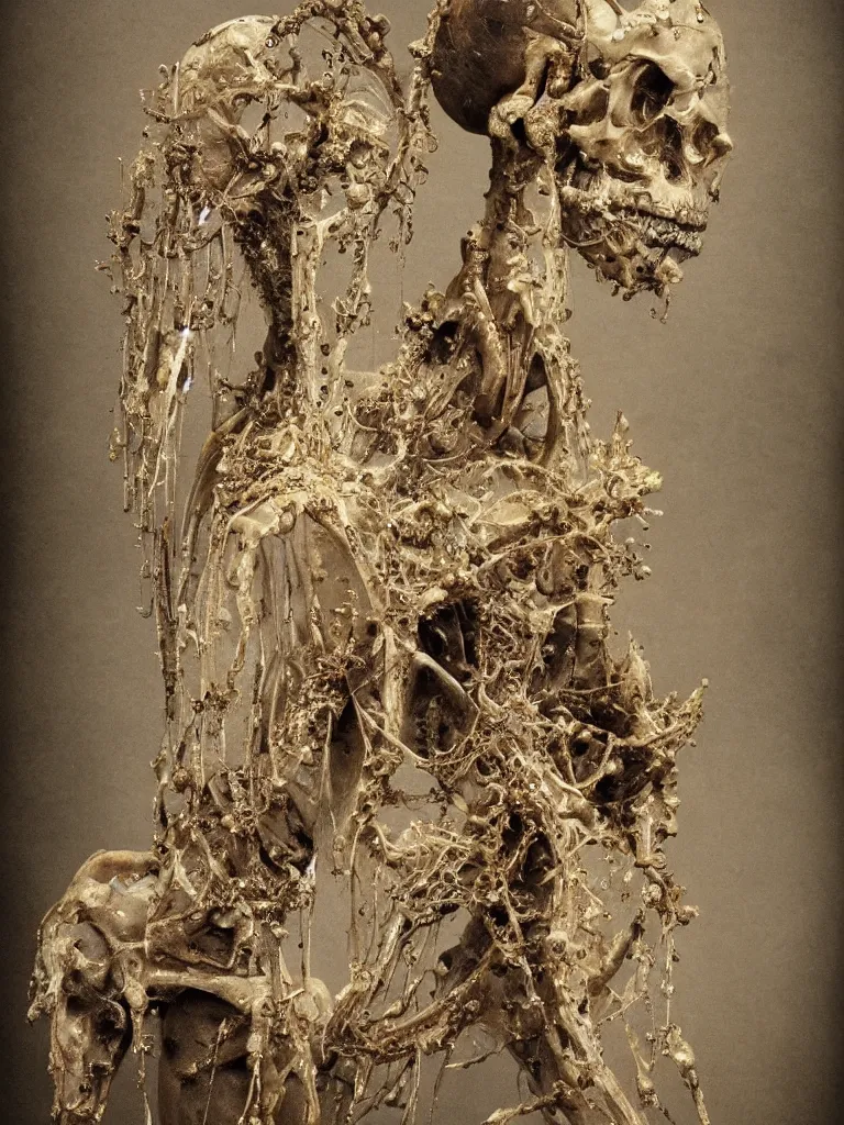 Prompt: A boney thin elegant humanoid wearing flowing robes with tiny mineral and gold incrustations, intricate, by emil melmoth, pastel, 4k HD, beautifully lit