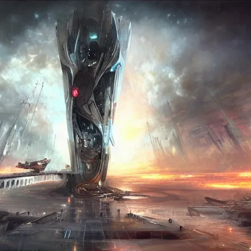 Image similar to epic futuristic structure by raymond swanland, highly detailed