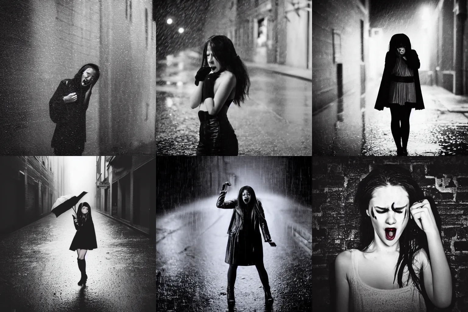 Image similar to cute female vampire crying in a rainy alley at night, black and white photograph, album cover