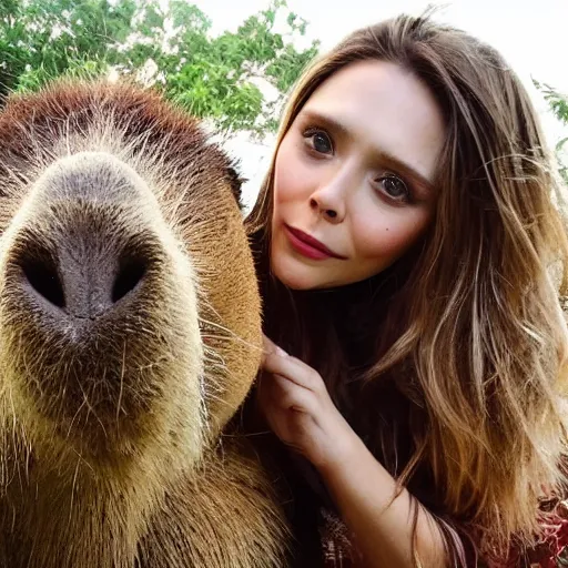 Image similar to photo of elizabeth olsen with a capybara, ultra detailed, photo realistic