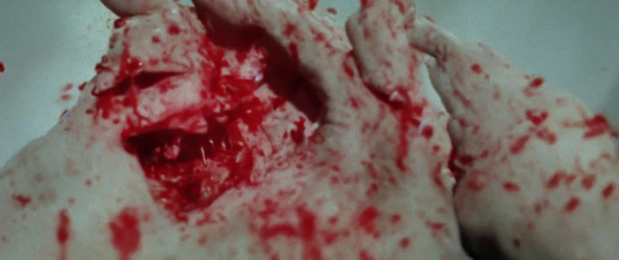Image similar to filmic closeup dutch angle movie still 4k UHD 35mm film color photograph of a screaming horrified doctor looking down at his freshly amputated hand, where his wrist has been freshly severed, blood is gushing from the wound