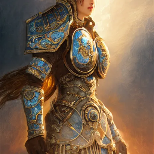 Image similar to portrait knights of Zodiac girl, Chinese Blue and white porcelain color reflected armor, in ruined Agora of Athens, ssci-fi, fantasy, intricate, very very beautiful, elegant, golden light, highly detailed, digital painting, artstation, concept art, smooth, sharp focus, illustration, art by tian zi and WLOP and alphonse mucha