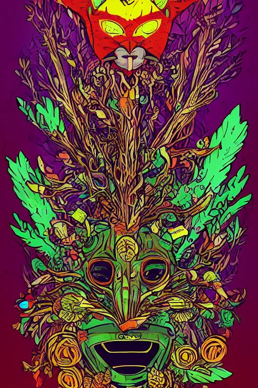 Image similar to animal mask totem roots flower tribal feather gemstone plant wood rock shaman vodoo video game vector cutout illustration vivid multicolor borderlands comics by josan gonzales and dan mumford radiating a glowing aura