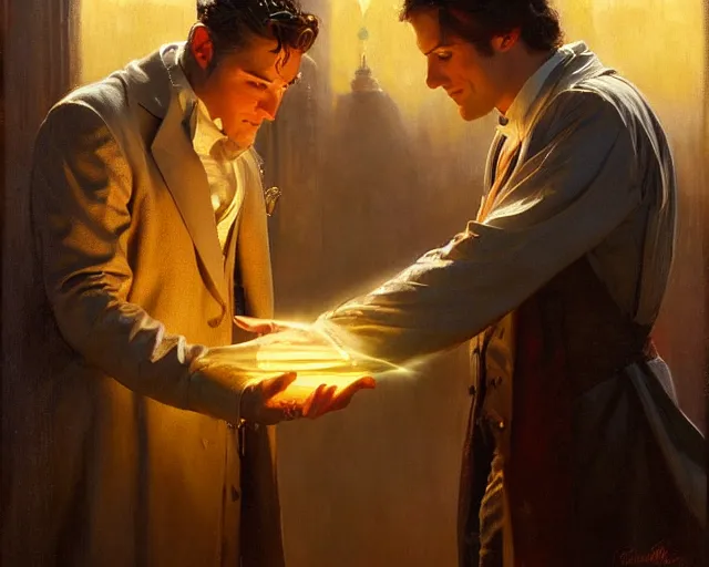 Prompt: attractive magician man, casting light magic, summoning a handsome god. highly detailed painting by gaston bussiere, craig mullins, j. c. leyendecker 8 k