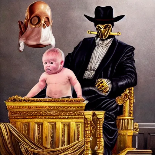 Image similar to hyper realistic painting of a handsome man symmetrical, sitting in a gilded throne, tubes coming out of the man's arm, getting a blood transfusion from a baby. plague doctor in the background created by wes andersson