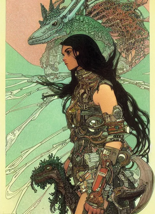 Image similar to portrait of a cyborg warrior girl character sitting on top of a robot dinosaur bird flying in space, epic character with dark skin and beautiful green eyes. the girl has a very beautiful detailed symmetrical face, long black hair. fantasy illustration by mucha