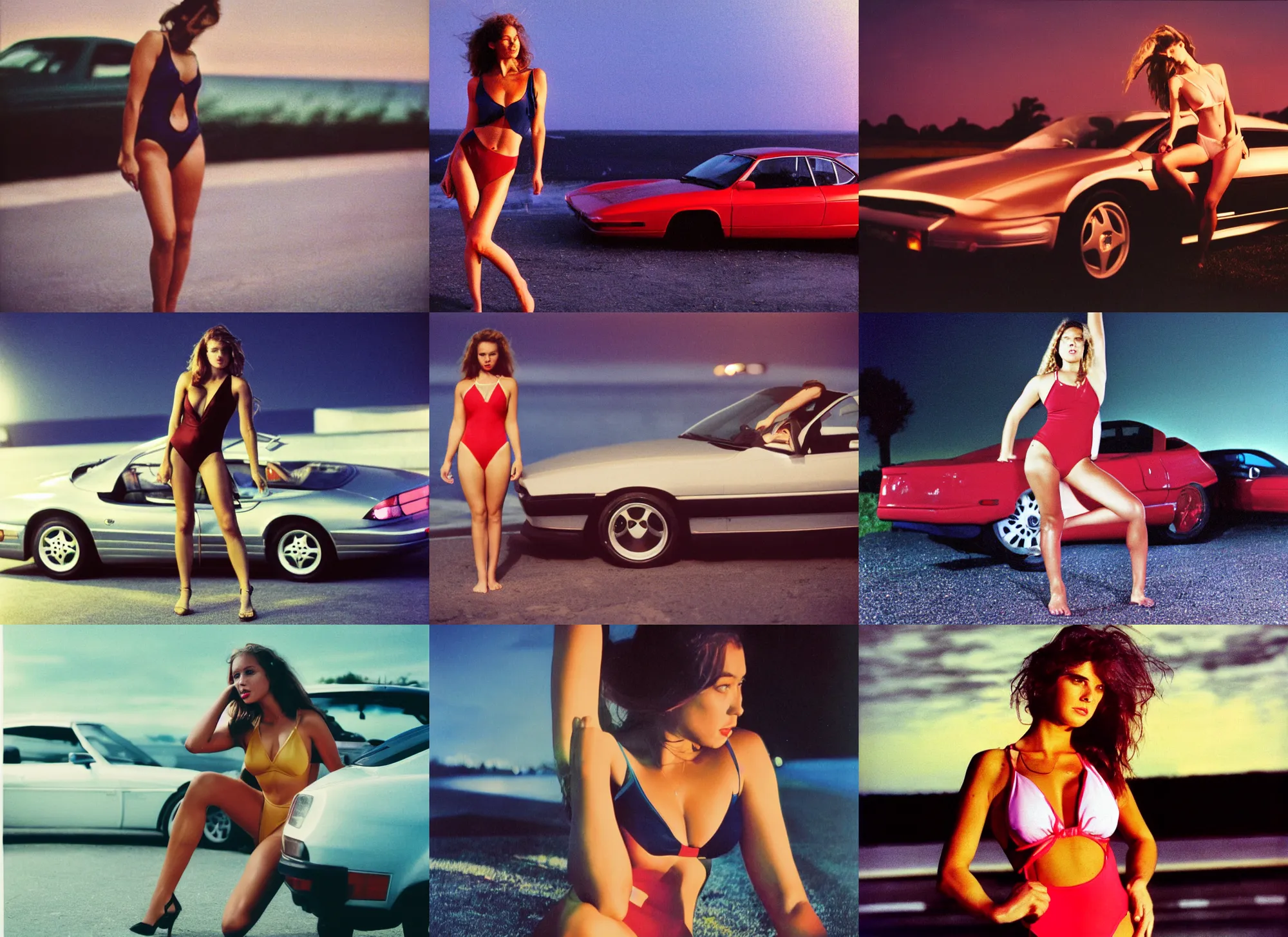 Prompt: color photograph portrait of a beautiful woman in swimsuit standing next. to sports car, night, summer, dramatic lighting, 1 9 9 0 photo from live magazine.