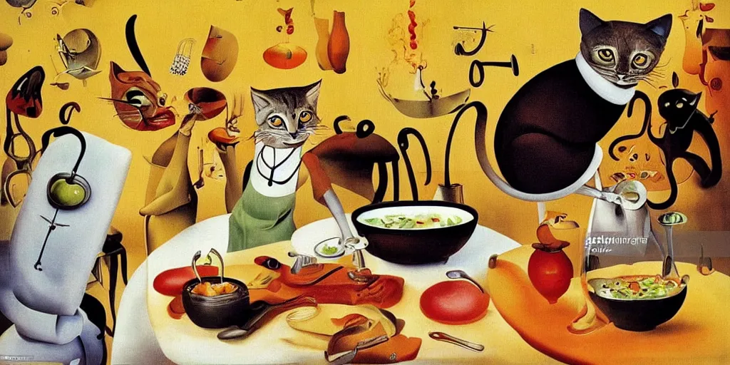 Image similar to anthropomorphic cats chef cooking a delicious colorful soup on TV show, by Salvador Dali