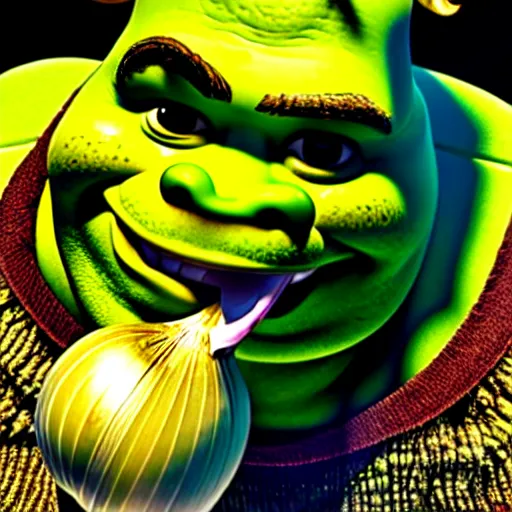 Image similar to a stock photo of shrek eating an onion, 8 k, ultra - realistic, white background, face cluse - up, studio lighting, low exposure