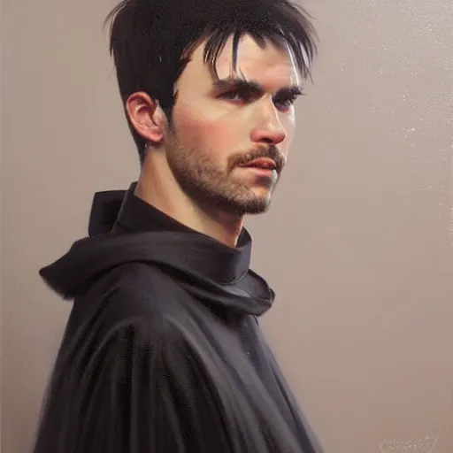 Image similar to An oil painting of a man dressed in priest robes, 30 years old, !chad jaw line!, short black hair, sharp facial features, beautiful, highly detailed, by Cédric Peyravernay, trending on artstation