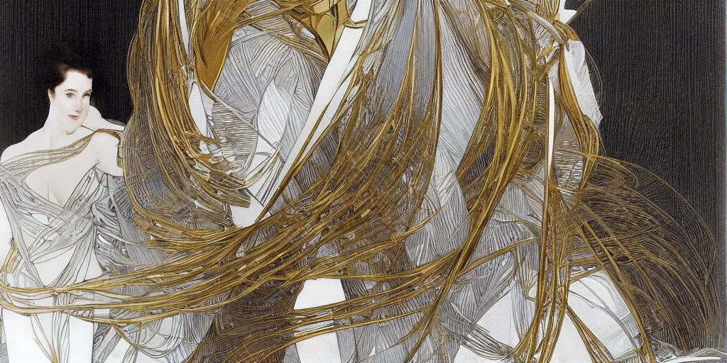 Image similar to knitting gold zaha hadid architecture by alphonse mucha