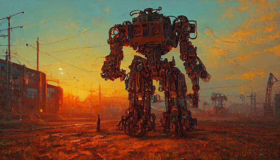 Image similar to an intricate oil painting of a giant scrap metal anime mecha with by simon stalenhag, golden hour