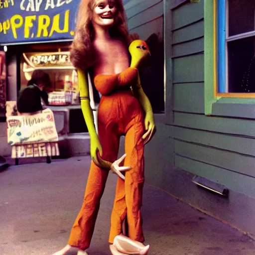 Image similar to archival photo of a woma and , a puppet that looks like Caspar the Friendly Ghost, in a sidewalk cafe, 16mm film soft color, earth tones and some primary colors 1976, archival footage, in style of doris wishman russ meyer, woman looks like lauren hutton