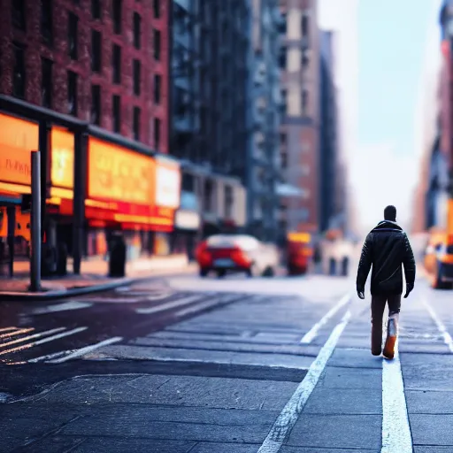 Prompt: A man walking on the sidewalk in the streets of New York, unreal engine, artstation, artstationHD, artstationHQ, extremely detailed, 4k, 8k, ultra high res, concept art