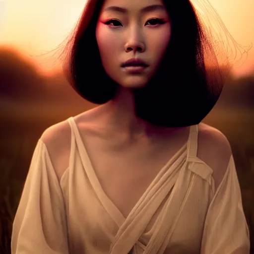 Image similar to photographic portrait of a stunningly beautiful asian renaissance female in soft dreamy light at sunset, beside the river, soft focus, contemporary fashion shoot, in a denis villeneuve and tim burton movie, by edward robert hughes, annie leibovitz and steve mccurry, david lazar, jimmy nelsson, extremely detailed, breathtaking, hyperrealistic, perfect face, octane render