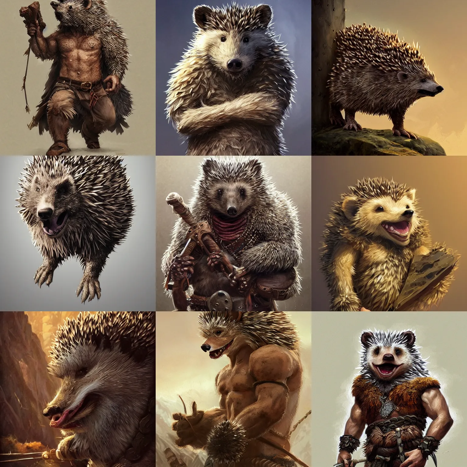 Prompt: anthropomorphic rugged hedgehog!!! with furry!! barbarian muscular upper body, 👅 👅 , D&D, fantasy, intricate, elegant, highly detailed, digital painting, artstation, concept art, smooth, sharp focus, illustration, art by artgerm and beeple and greg rutkowski and alphonse mucha