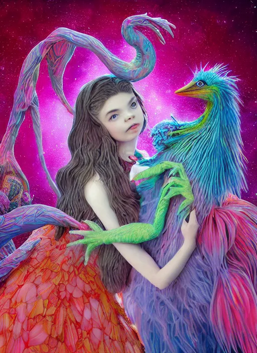 Prompt: hyper detailed 3d render like a Oil painting - kawaii portrait of jejune lovers embrace holding each other Aurora (a beautiful girl skeksis muppet fae princess protective playful expressive acrobatic from dark crystal that looks like Anya Taylor-Joy) seen red carpet photoshoot in UVIVF posing in scaly dress to Eat of the Strangling network of yellowcake aerochrome and milky Fruit and His delicate Hands hold of gossamer polyp blossoms bring iridescent fungal flowers whose spores black the foolish stars by Jacek Yerka, Ilya Kuvshinov, Mariusz Lewandowski, Houdini algorithmic generative render, golen ratio, Abstract brush strokes, Masterpiece, Victor Nizovtsev and James Gilleard, Zdzislaw Beksinski, Mark Ryden, Wolfgang Lettl, hints of Yayoi Kasuma and Dr. Seuss, Grant Wood, octane render, 8k