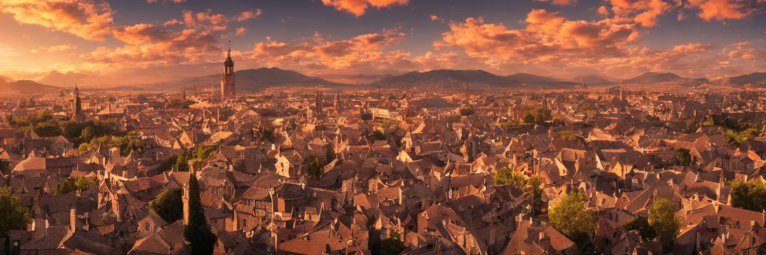 Image similar to beautiful medieval city, golden hour, sunset, elden ring, cinematic