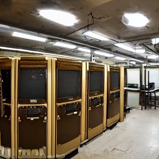 Image similar to computer server bank, gold, art deco, rust, worn, room full of computers