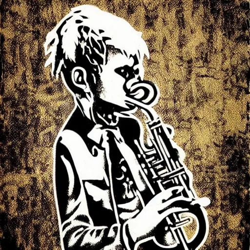 Image similar to punk grunge stencil art of a Possum playing trumpet