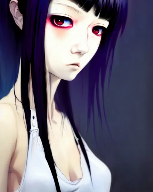 Image similar to portrait Anime goth cyberpunk girl, cute-fine-face, black-hair pretty face, realistic shaded Perfect face, fine details. Anime. realistic shaded lighting by Ilya Kuvshinov katsuhiro otomo ghost-in-the-shell, magali villeneuve, artgerm, rutkowski, WLOP Jeremy Lipkin and Giuseppe Dangelico Pino and Michael Garmash and Rob Rey