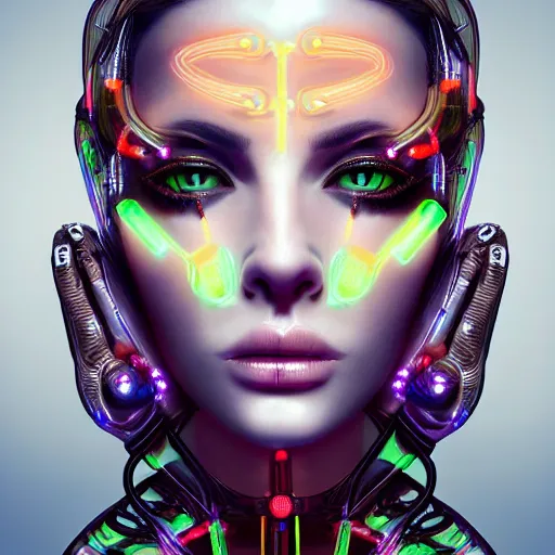 Prompt: very beautiful woman, bionic pupils, full face frontal centered, portrait, detailed intricate symmetrical ornate neon cables connected to head, clear lips, luxurious long hair, sophisticated futuristic neon fractal wiring and implants, translucent, porcelain, fractal, sci fi, dramatic lighting, photography, highly detailed, artstation, deviantart, 8 k, by chie yoshii