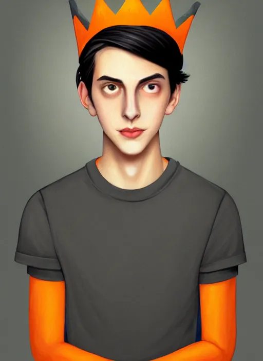 Image similar to portrait of teenage jughead jones wearing a light grey crown, crown, hamburger background, eyes closed, crown, black hair, orange, intricate, elegant, glowing lights, warm lighting, highly detailed, digital painting, artstation, concept art, smooth, sharp focus, illustration, art by wlop, mars ravelo and greg rutkowski