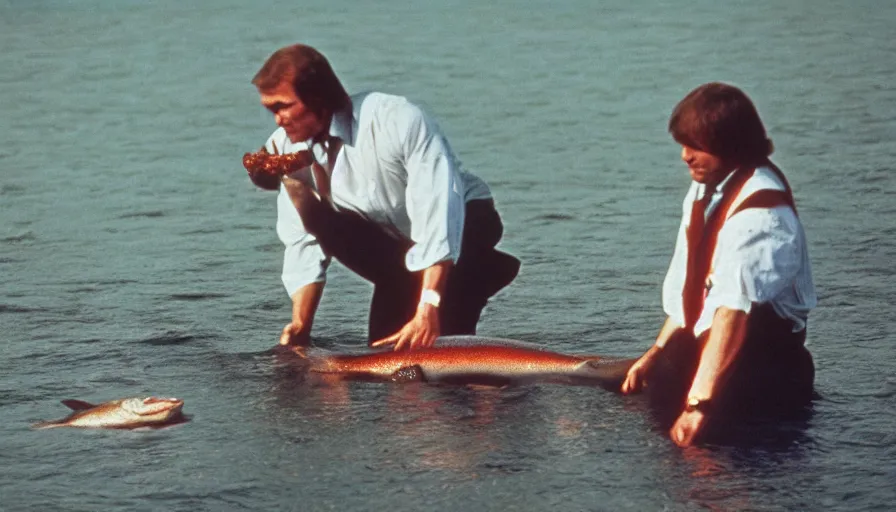 Image similar to 7 0 s movie still of putin catching a salmon with his hands, cinestill 8 0 0 t _ 3 5 mm eastmancolor, heavy grain, high quality, high detail