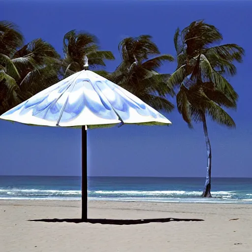 Image similar to a beach and surf lifesaving club, empty, single parasol, by jeffrey smart