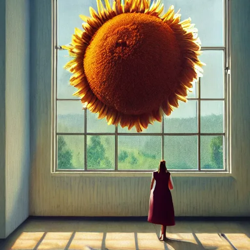 Image similar to giant daisy flower head, woman standing next to modern window in luxury loft, surreal photography, sunlight, impressionist painting, digital painting, artstation, simon stalenhag